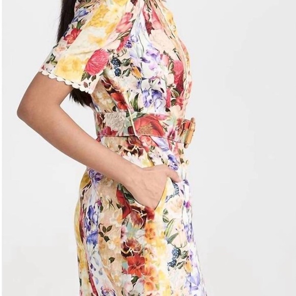 Zimmermann Linen Floral Patchwork Mini Dress Crochet Trim Multicolor NWT - Picture 4 of 11